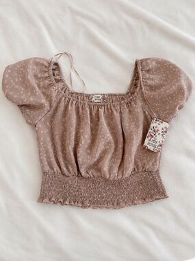 NWT Pink Republic Stone Leopard Smocked Puff Sleeve Crop Top Sz S